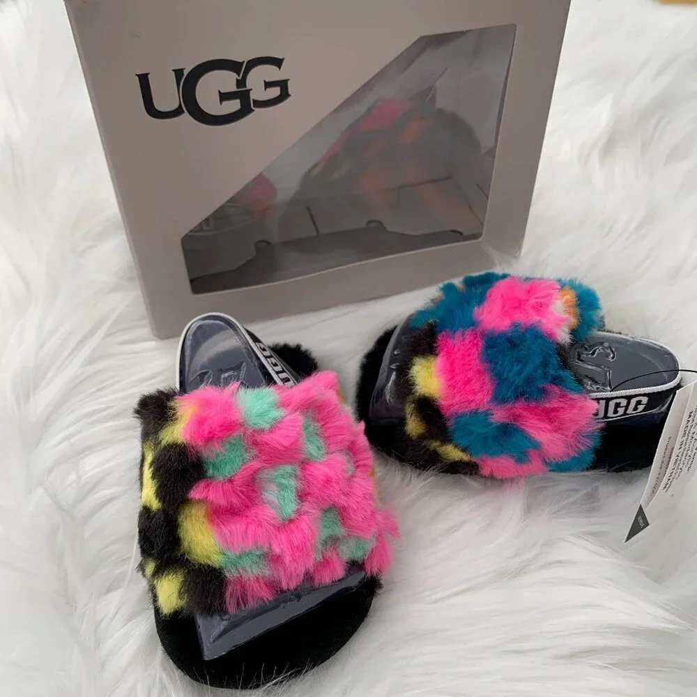 NWT UGG Fluff Yeah Checks Slide baby sandals, 02/03 6-12 mos